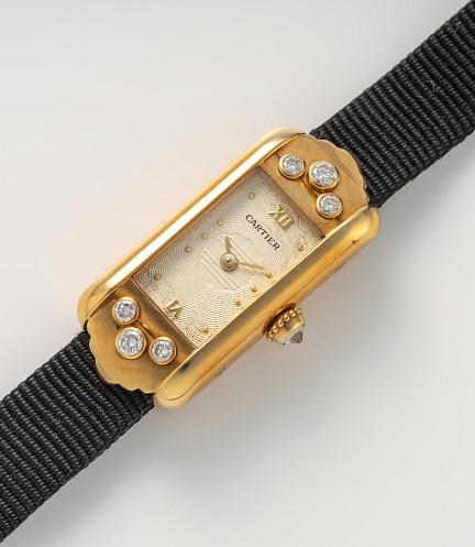 Tank Allongee Two point Roman Guilloche Dial with Six point Diamonds