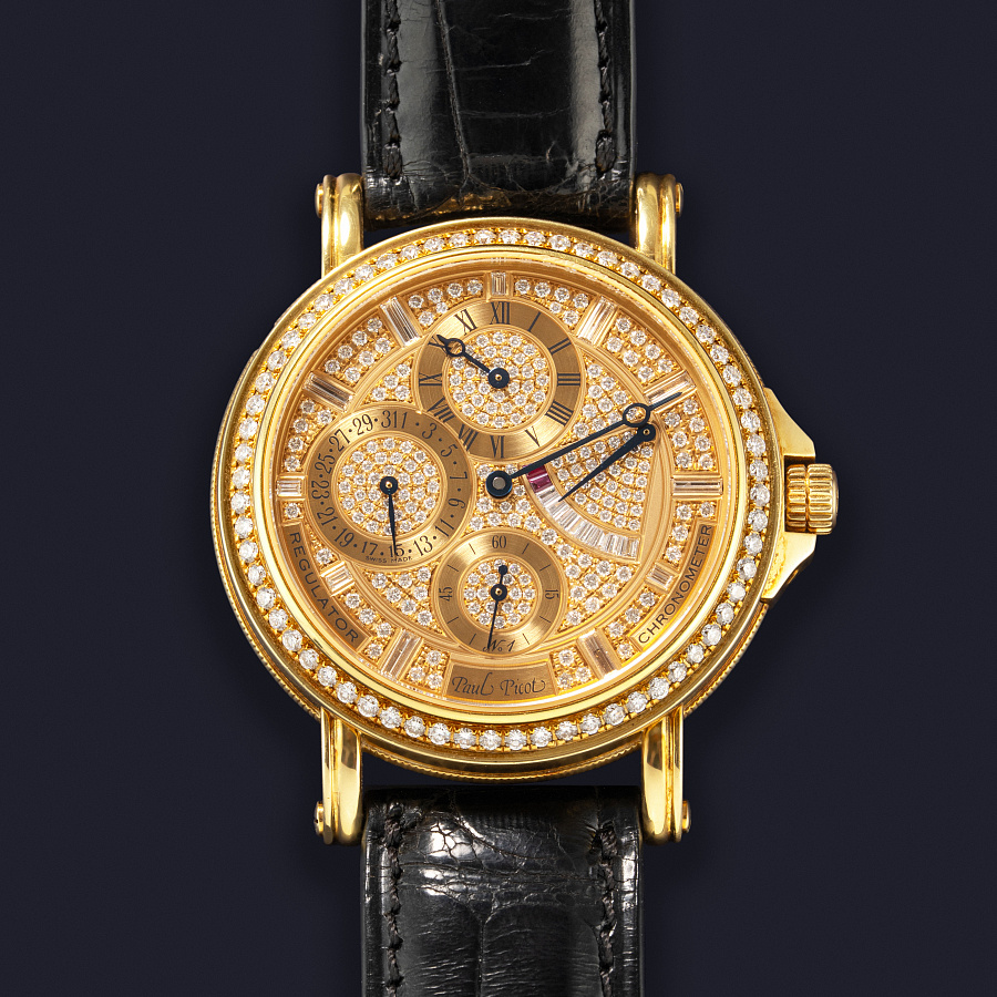 Atelier Regulator in Yellow Gold with Pave Diamond and Ruby Dial